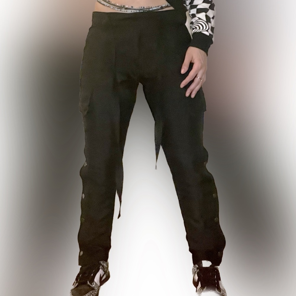 MNML Black Cargo Pants with Button Up/Zipper Sides Velcro
